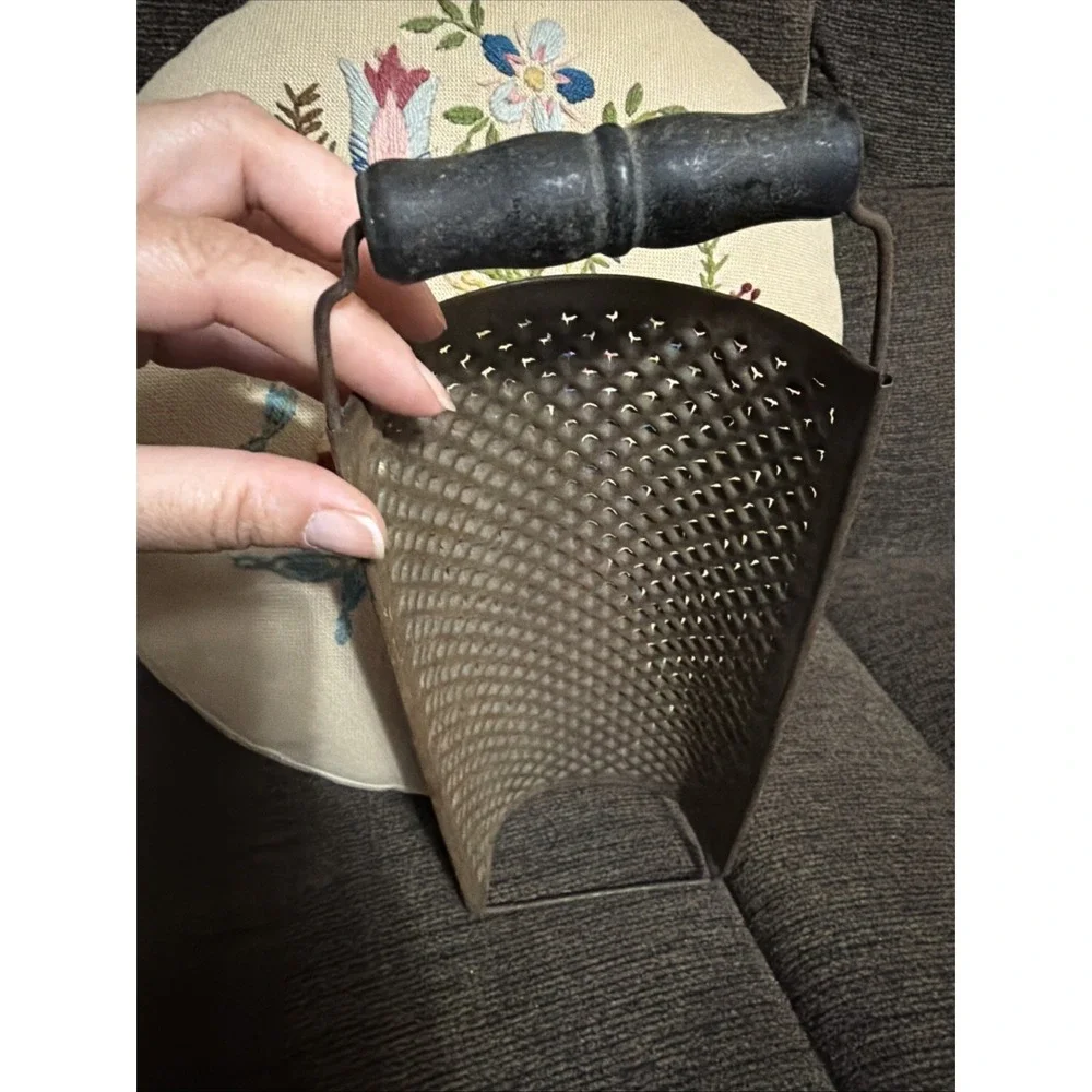 Primitive Punched Tin Kitchen Grater Half Round Wood Handle Farmhouse 1900's